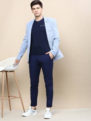 Men's Notched Lapel Solid Blue Single-Breasted Blazer 5