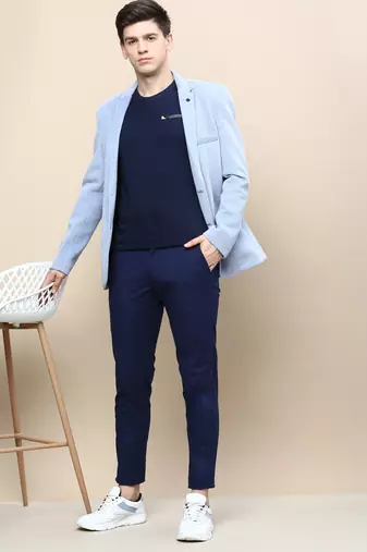 Men's Notched Lapel Solid Blue Single-Breasted Blazer