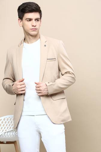 Men's Notched Lapel Solid Beige Single-Breasted Blazer
