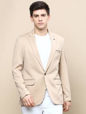 Men's Notched Lapel Solid Beige Single-Breasted Blazer 2