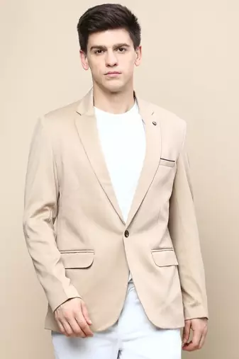 Men's Notched Lapel Solid Beige Single-Breasted Blazer