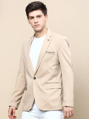 Men's Notched Lapel Solid Beige Single-Breasted Blazer 3