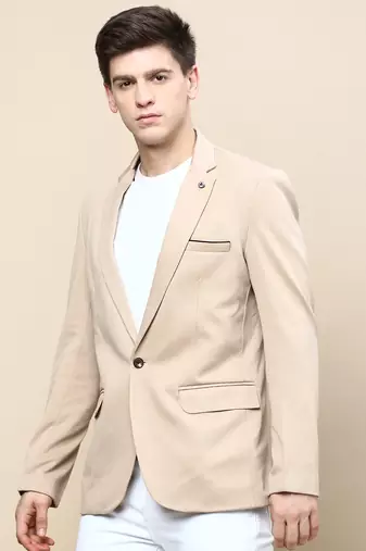 Men's Notched Lapel Solid Beige Single-Breasted Blazer