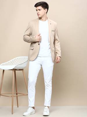Men's Notched Lapel Solid Beige Single-Breasted Blazer 5