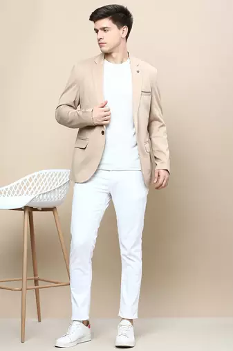 Men's Notched Lapel Solid Beige Single-Breasted Blazer