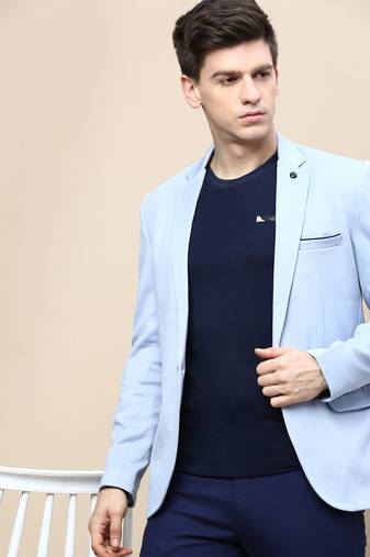 Men's Notched Lapel Solid Blue Single-Breasted Blazer