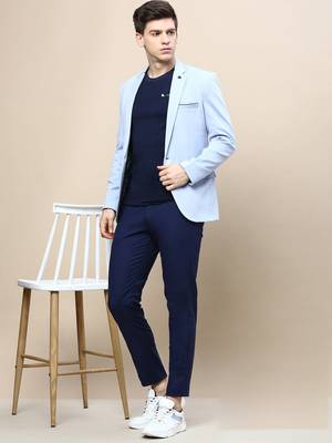 Men's Notched Lapel Solid Blue Single-Breasted Blazer 5
