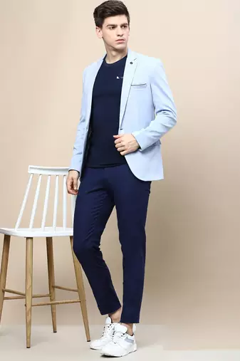 Men's Notched Lapel Solid Blue Single-Breasted Blazer