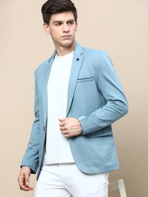 Men's Notched Lapel Solid Turquoise Blue Single-Breasted Blazer 1