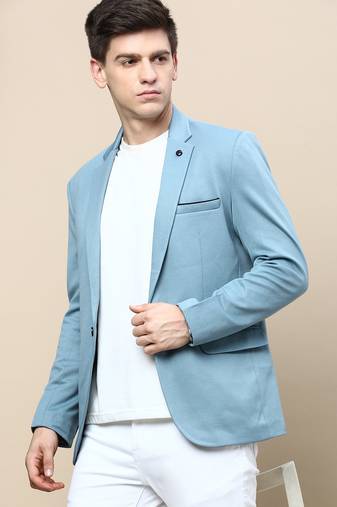 Men's Notched Lapel Solid Turquoise Blue Single-Breasted Blazer