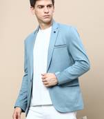 Men's Notched Lapel Solid Turquoise Blue Single-Breasted Blazer
