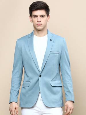 Men's Notched Lapel Solid Turquoise Blue Single-Breasted Blazer 2