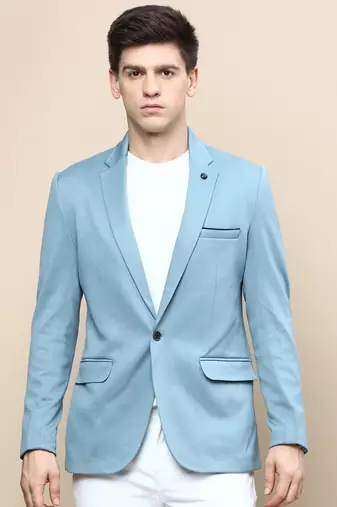 Men's Notched Lapel Solid Turquoise Blue Single-Breasted Blazer