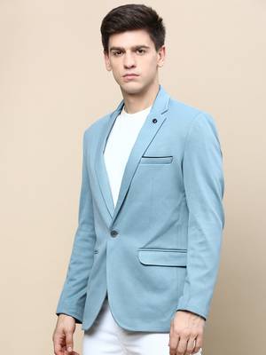 Men's Notched Lapel Solid Turquoise Blue Single-Breasted Blazer 3
