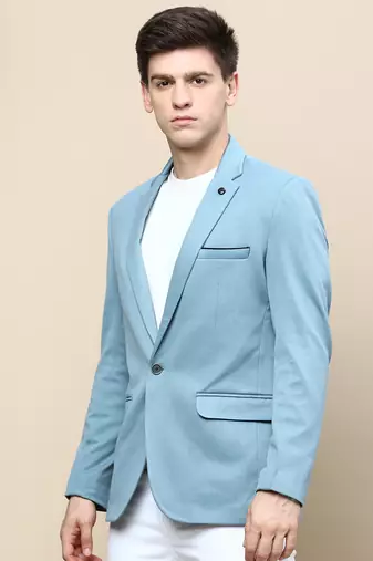 Men's Notched Lapel Solid Turquoise Blue Single-Breasted Blazer