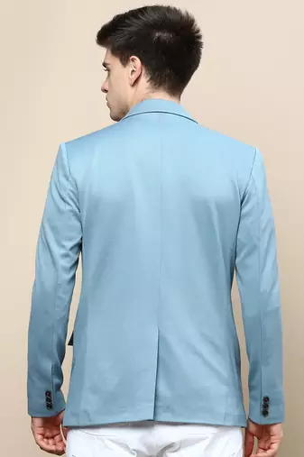 Men's Notched Lapel Solid Turquoise Blue Single-Breasted Blazer