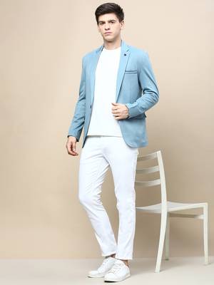 Men's Notched Lapel Solid Turquoise Blue Single-Breasted Blazer 5