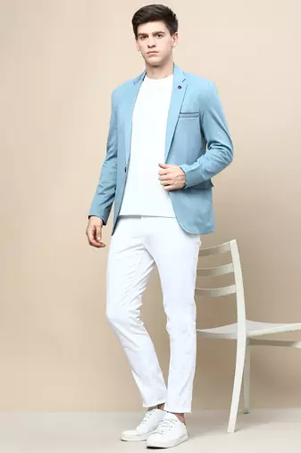 Men's Notched Lapel Solid Turquoise Blue Single-Breasted Blazer