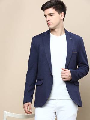 Men's Notched Lapel Solid Navy Blue Single-Breasted Blazer 1