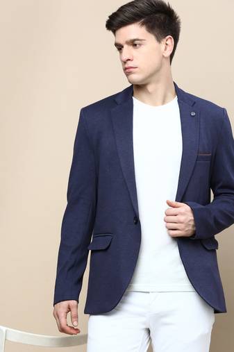 Men's Notched Lapel Solid Navy Blue Single-Breasted Blazer