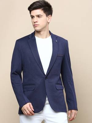 Men's Notched Lapel Solid Navy Blue Single-Breasted Blazer 2