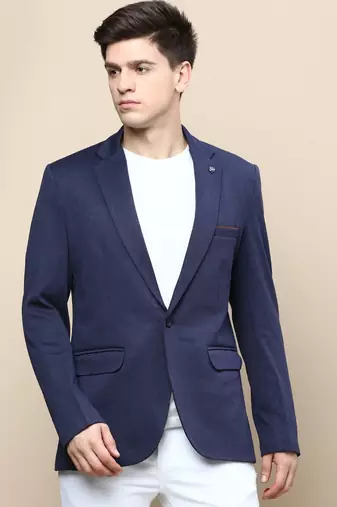 Men's Notched Lapel Solid Navy Blue Single-Breasted Blazer