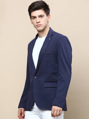 Men's Notched Lapel Solid Navy Blue Single-Breasted Blazer 3