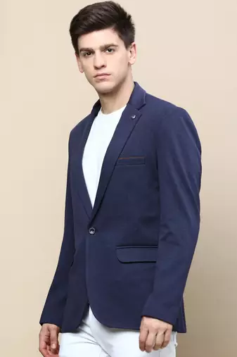 Men's Notched Lapel Solid Navy Blue Single-Breasted Blazer