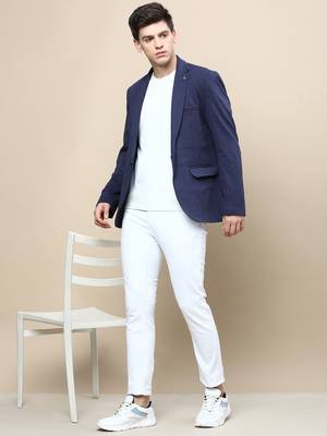 Men's Notched Lapel Solid Navy Blue Single-Breasted Blazer 5