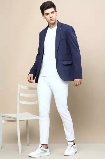 Men's Notched Lapel Solid Navy Blue Single-Breasted Blazer