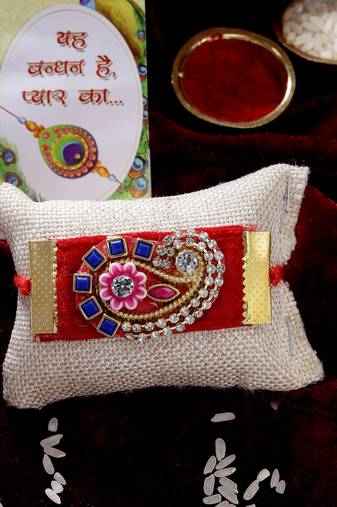  men red stone-studded rakhi with roli chawal