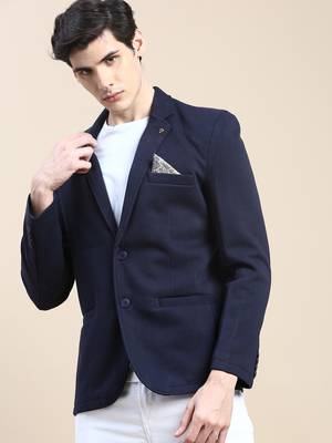 Men's Notched Lapel Solid Navy Blue Single Breasted Blazer 1
