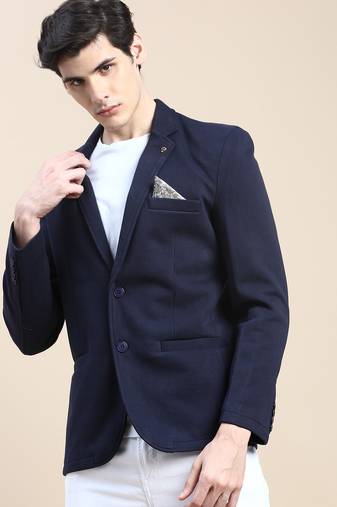 Men's Notched Lapel Solid Navy Blue Single Breasted Blazer