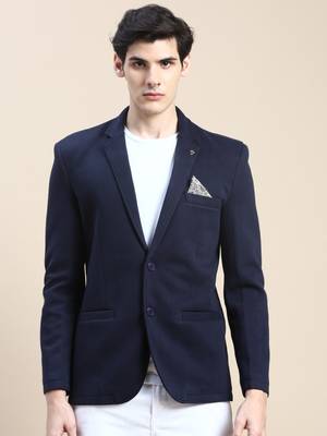Men's Notched Lapel Solid Navy Blue Single Breasted Blazer 2