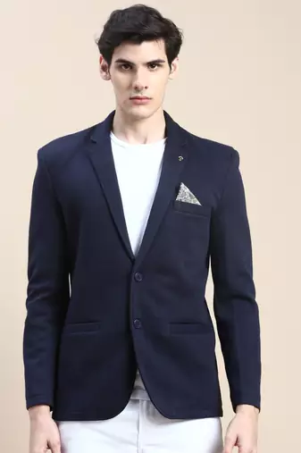 Men's Notched Lapel Solid Navy Blue Single Breasted Blazer