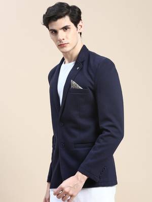 Men's Notched Lapel Solid Navy Blue Single Breasted Blazer 3