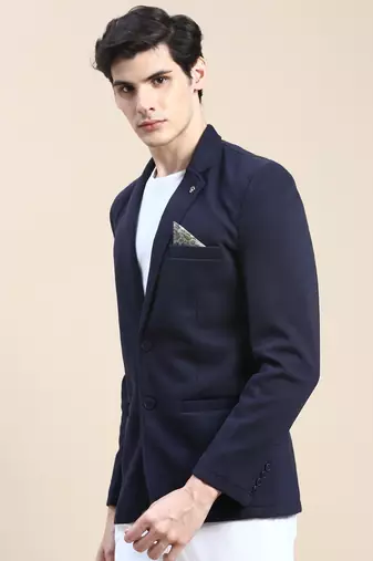 Men's Notched Lapel Solid Navy Blue Single Breasted Blazer