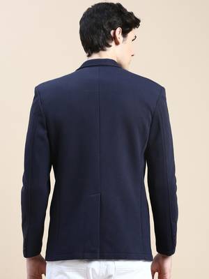 Men's Notched Lapel Solid Navy Blue Single Breasted Blazer 4