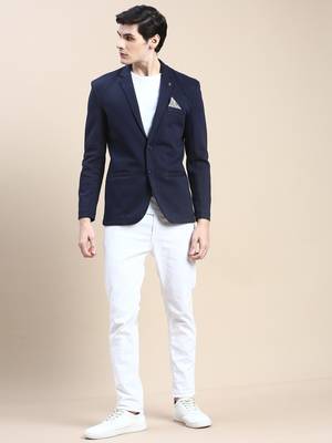 Men's Notched Lapel Solid Navy Blue Single Breasted Blazer 5