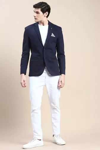 Men's Notched Lapel Solid Navy Blue Single Breasted Blazer