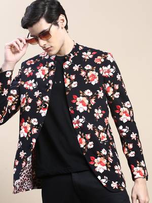 Men's Mandarin Collar Printed Black Bandhgala Blazer 1