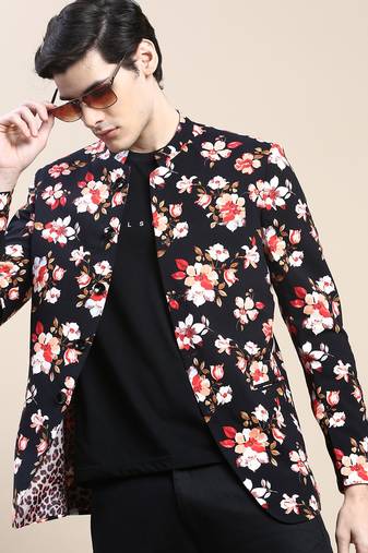 Men's Mandarin Collar Printed Black Bandhgala Blazer