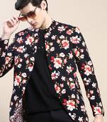 Men's Mandarin Collar Printed Black Bandhgala Blazer