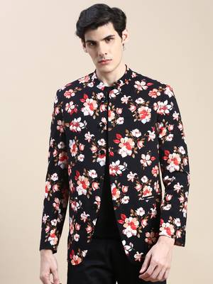 Men's Mandarin Collar Printed Black Bandhgala Blazer 2