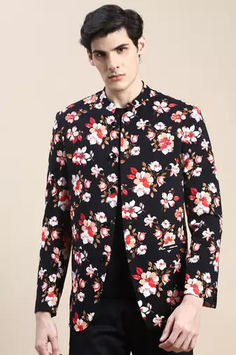 Men's Mandarin Collar Printed Black Bandhgala Blazer