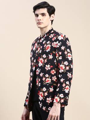 Men's Mandarin Collar Printed Black Bandhgala Blazer 3