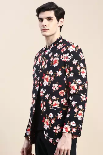 Men's Mandarin Collar Printed Black Bandhgala Blazer