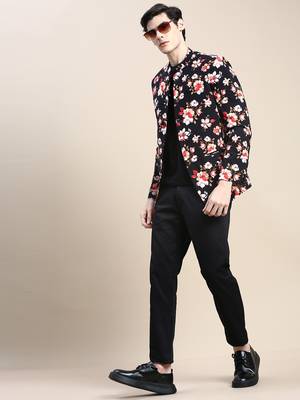 Men's Mandarin Collar Printed Black Bandhgala Blazer 4