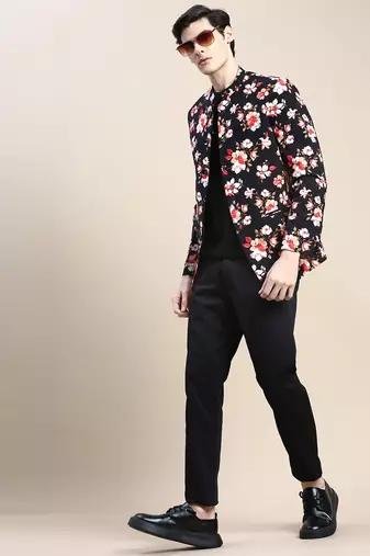 Men's Mandarin Collar Printed Black Bandhgala Blazer