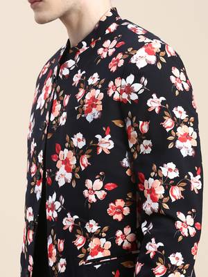 Men's Mandarin Collar Printed Black Bandhgala Blazer 5